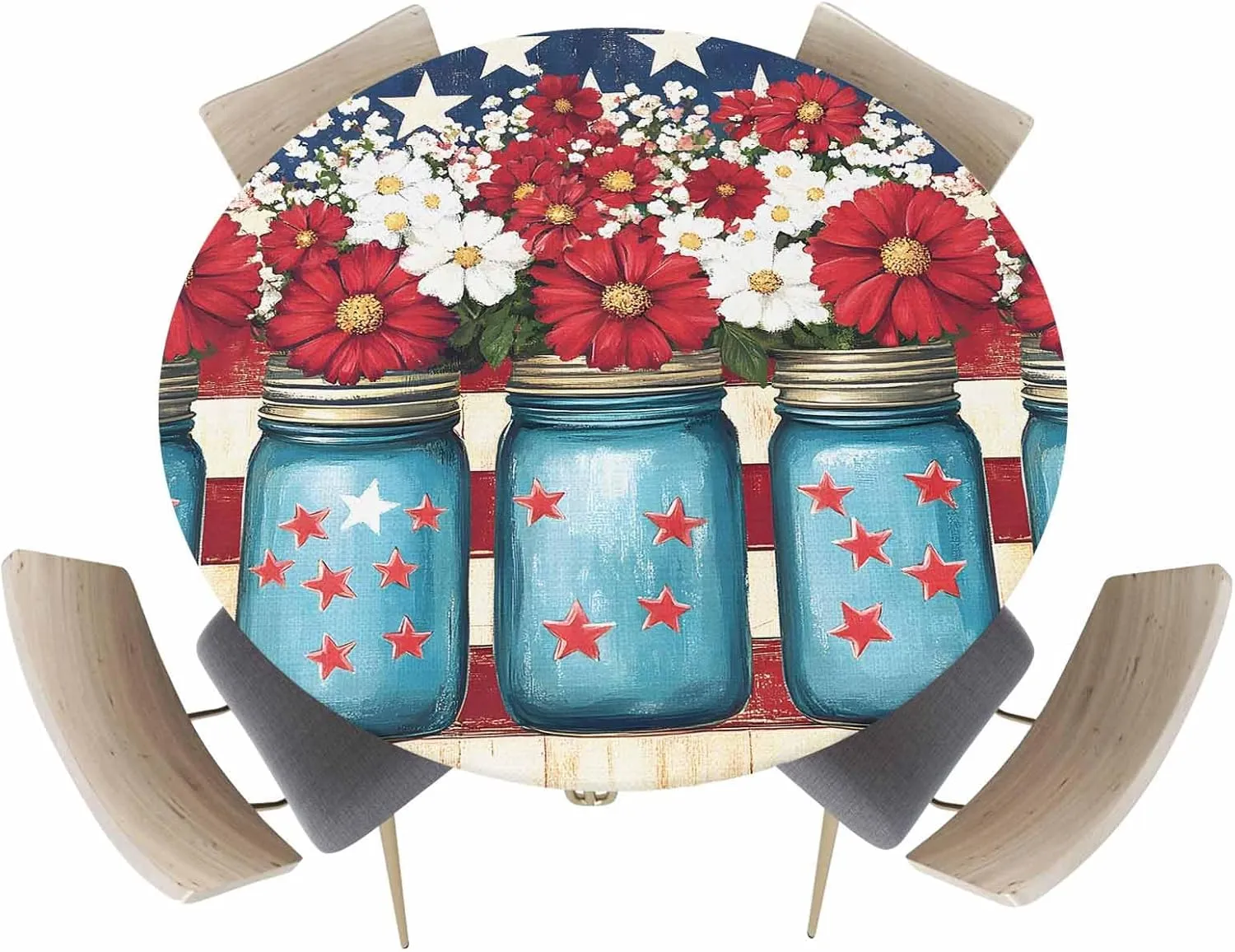 Round Fitted Tablecloth - American Flag Patriotic Flowers Waterproof Table Cover for Indoor Outdoor Holiday Party, Red and White Stripes Elastic Edged Tablecloths Fit Up 45"-54" Tables