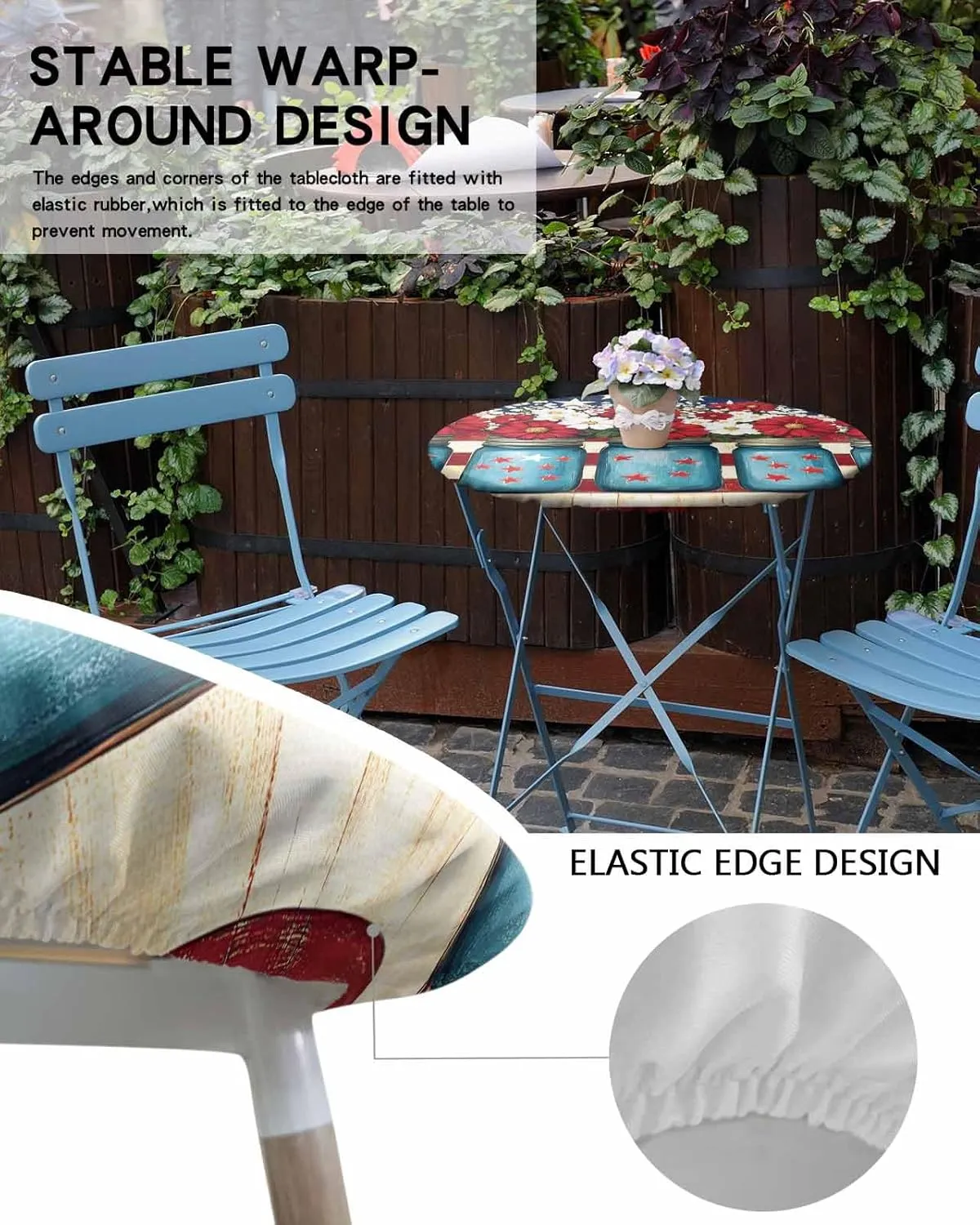 Round Fitted Tablecloth - American Flag Patriotic Flowers Waterproof Table Cover for Indoor Outdoor Holiday Party, Red and White Stripes Elastic Edged Tablecloths Fit Up 45"-54" Tables