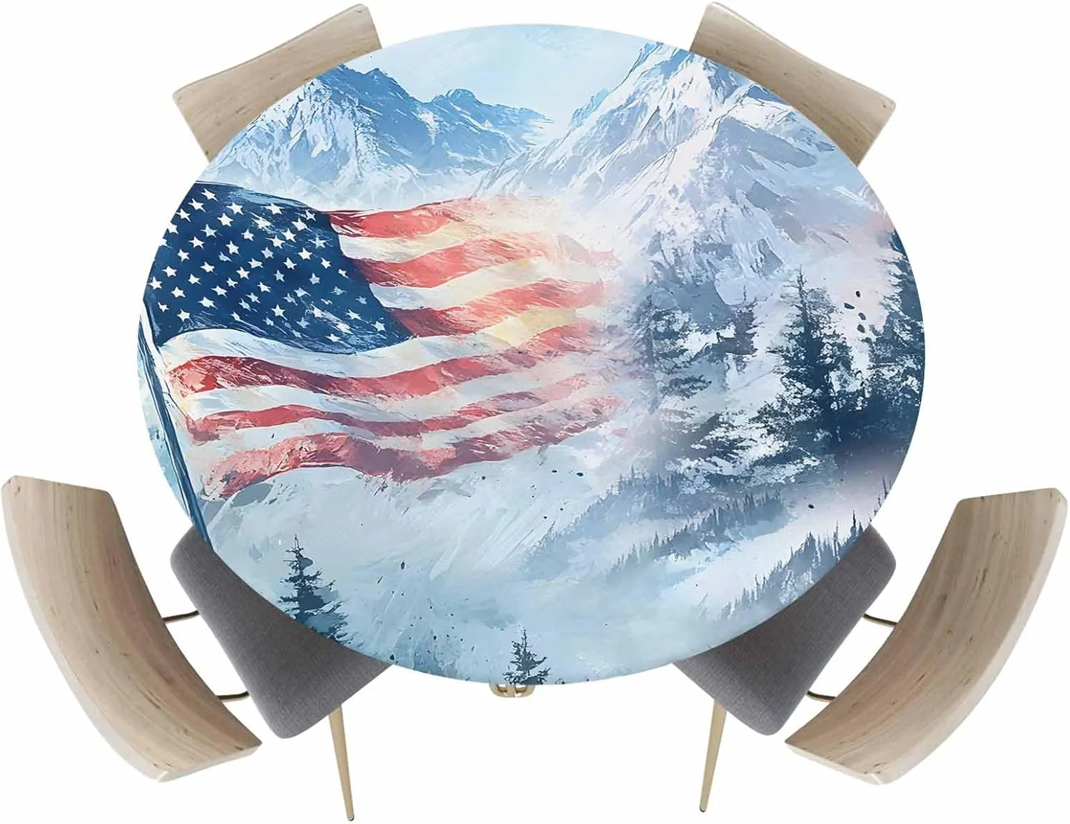 Round Fitted Tablecloth - American Flag Snow Mountain Scenery Waterproof Table Cover for Indoor Outdoor Holiday Party, Patriotic 4th of July Elastic Edged Tablecloths Fit Up 55"-60" Tables