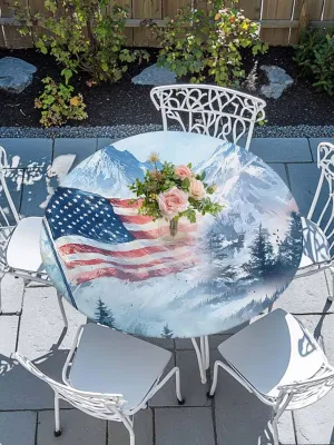 Round Fitted Tablecloth - American Flag Snow Mountain Scenery Waterproof Table Cover for Indoor Outdoor Holiday Party, Patriotic 4th of July Elastic Edged Tablecloths Fit Up 55"-60" Tables