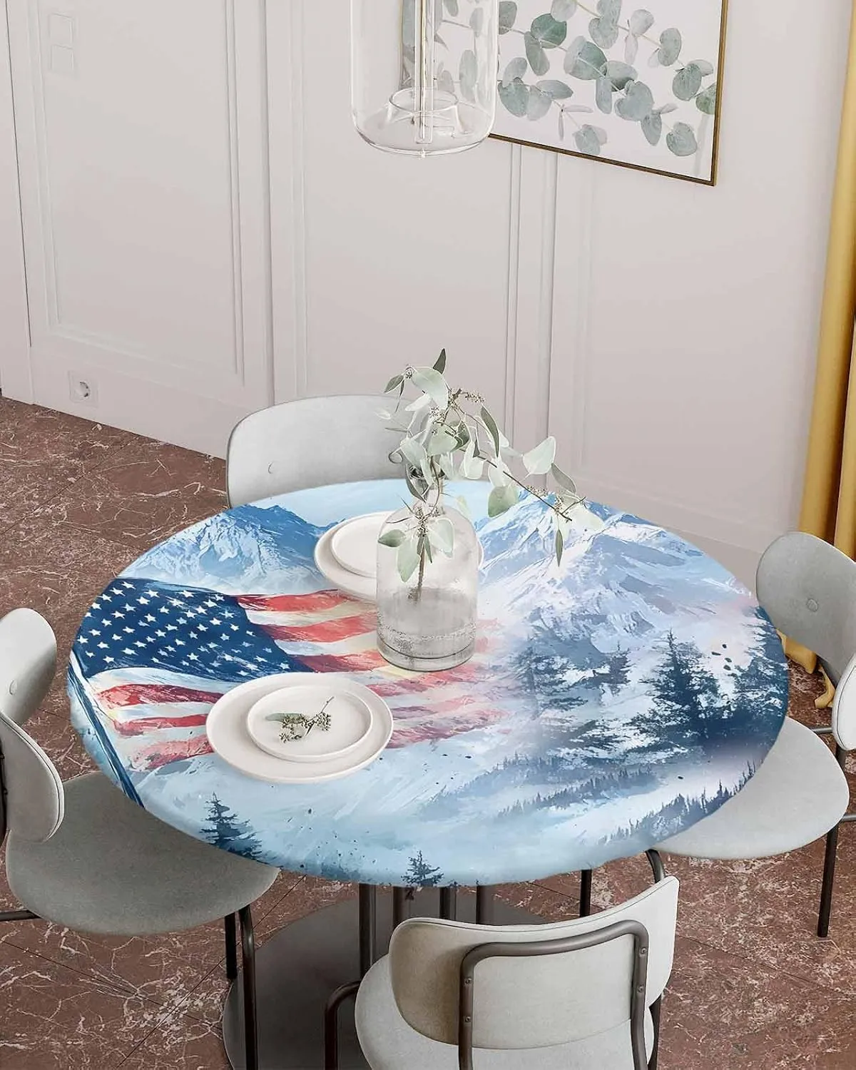 Round Fitted Tablecloth - American Flag Snow Mountain Scenery Waterproof Table Cover for Indoor Outdoor Holiday Party, Patriotic 4th of July Elastic Edged Tablecloths Fit Up 55"-60" Tables