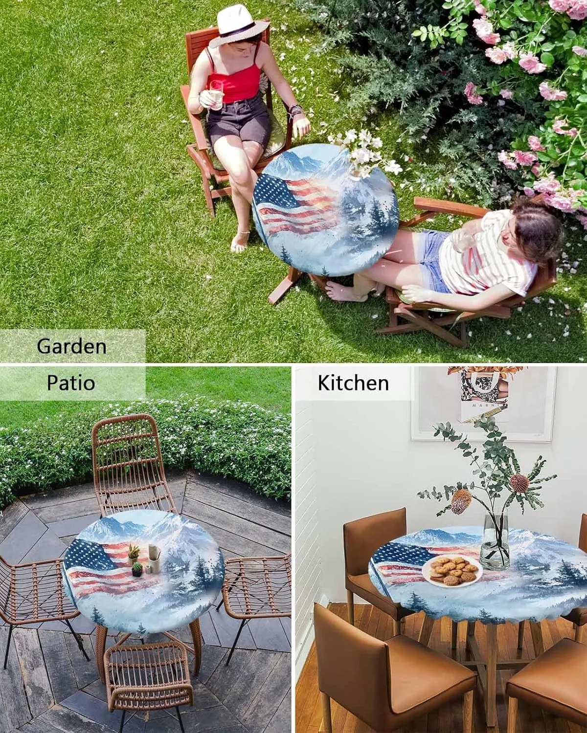 Round Fitted Tablecloth - American Flag Snow Mountain Scenery Waterproof Table Cover for Indoor Outdoor Holiday Party, Patriotic 4th of July Elastic Edged Tablecloths Fit Up 55"-60" Tables