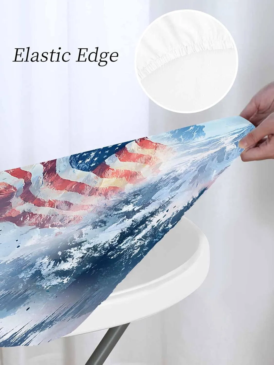 Round Fitted Tablecloth - American Flag Snow Mountain Scenery Waterproof Table Cover for Indoor Outdoor Holiday Party, Patriotic 4th of July Elastic Edged Tablecloths Fit Up 55"-60" Tables