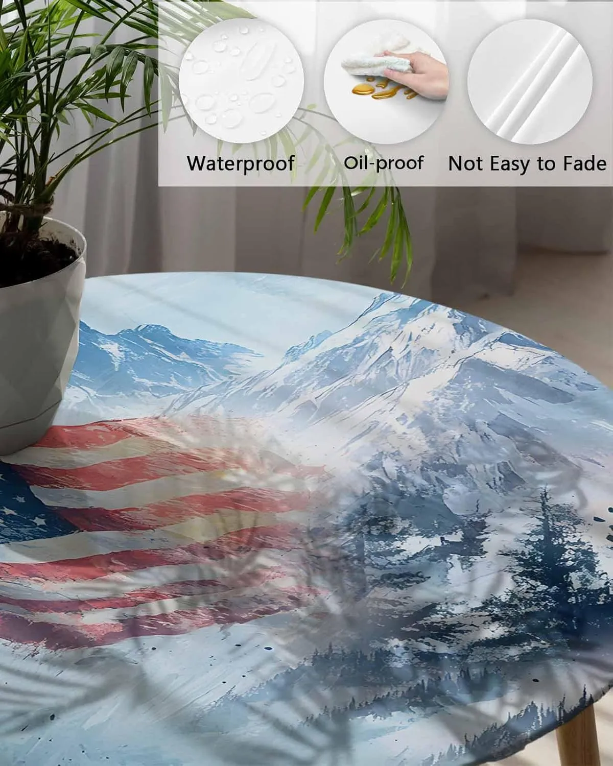 Round Fitted Tablecloth - American Flag Snow Mountain Scenery Waterproof Table Cover for Indoor Outdoor Holiday Party, Patriotic 4th of July Elastic Edged Tablecloths Fit Up 55"-60" Tables