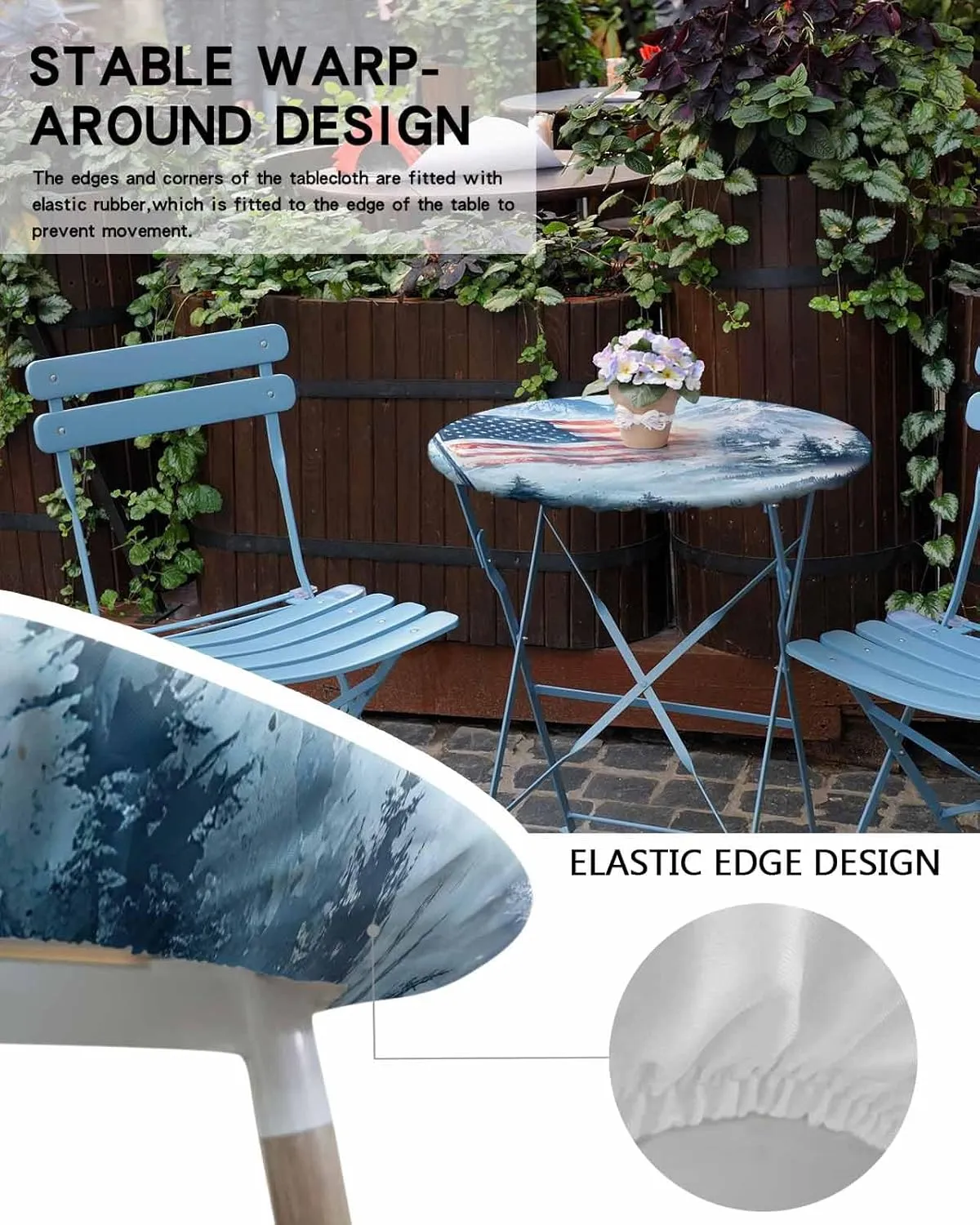 Round Fitted Tablecloth - American Flag Snow Mountain Scenery Waterproof Table Cover for Indoor Outdoor Holiday Party, Patriotic 4th of July Elastic Edged Tablecloths Fit Up 55"-60" Tables