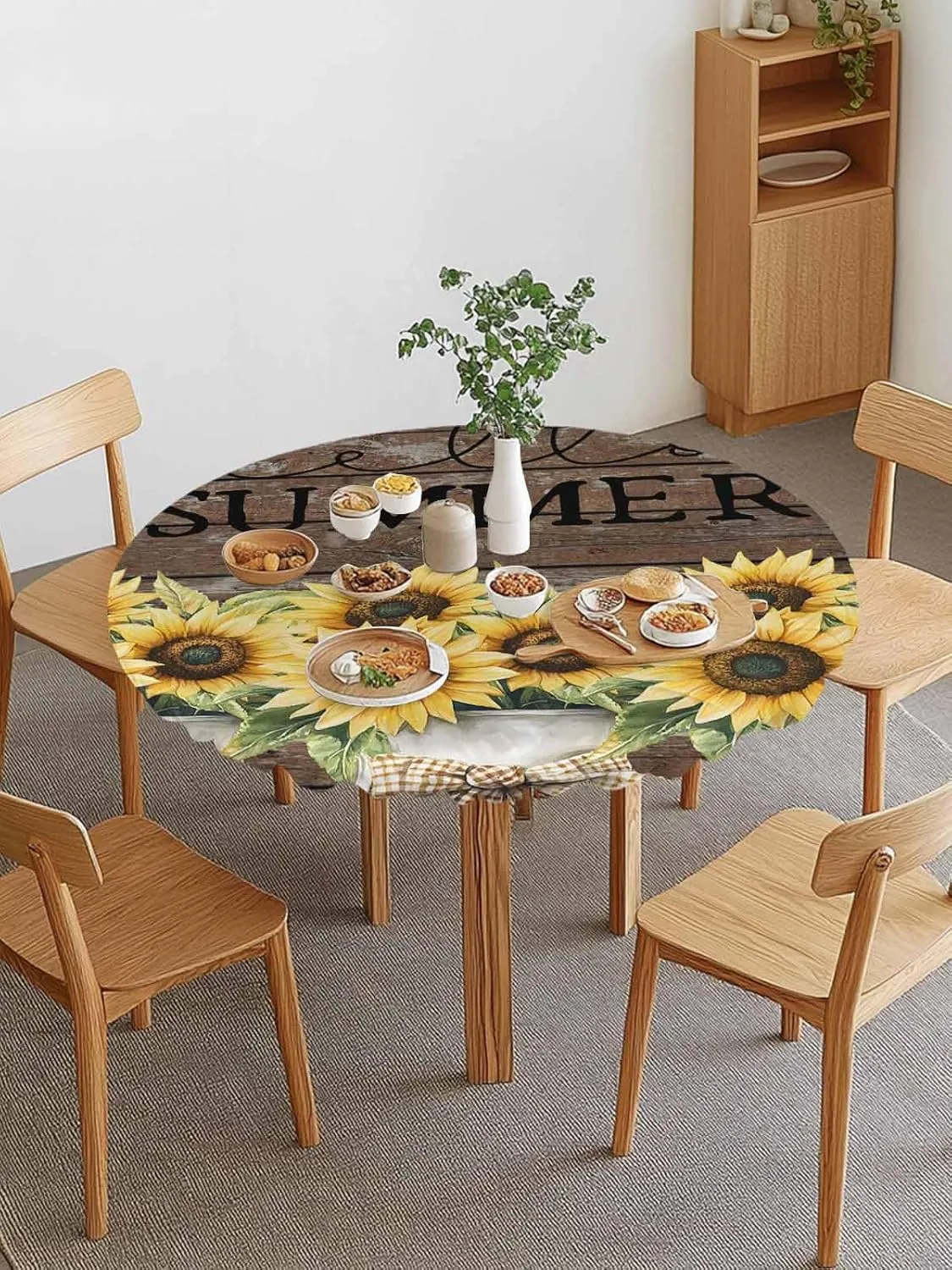 Round Fitted Tablecloth Farm Sunflowers on Brown Wood Grain Waterproof Table Cover for Indoor Outdoor Holiday Party Hello Summer Elastic Edged Tablecloths Fit Up 45"-54" Tables