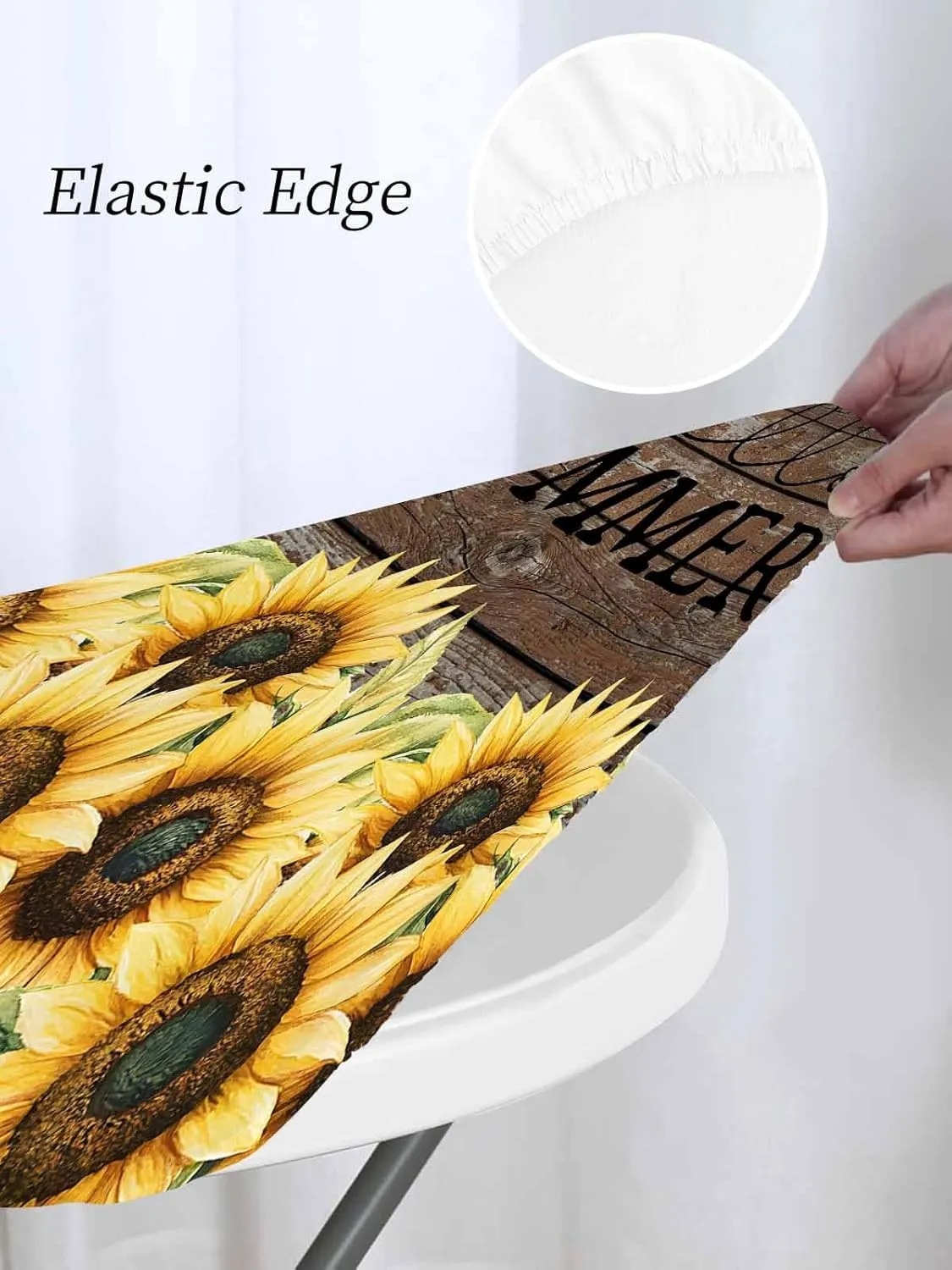 Round Fitted Tablecloth Farm Sunflowers on Brown Wood Grain Waterproof Table Cover for Indoor Outdoor Holiday Party Hello Summer Elastic Edged Tablecloths Fit Up 45"-54" Tables