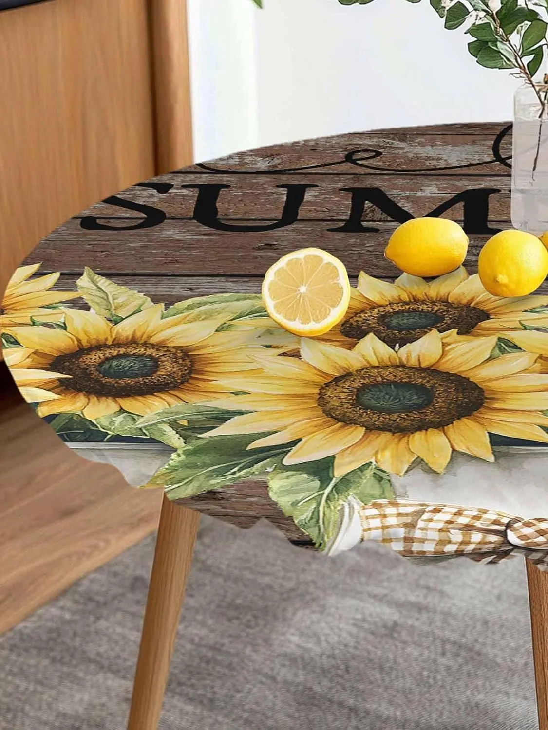 Round Fitted Tablecloth Farm Sunflowers on Brown Wood Grain Waterproof Table Cover for Indoor Outdoor Holiday Party Hello Summer Elastic Edged Tablecloths Fit Up 45"-54" Tables