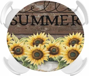 Round Fitted Tablecloth Farm Sunflowers on Brown Wood Grain Waterproof Table Cover for Indoor Outdoor Holiday Party Hello Summer Elastic Edged Tablecloths Fit Up 45"-54" Tables