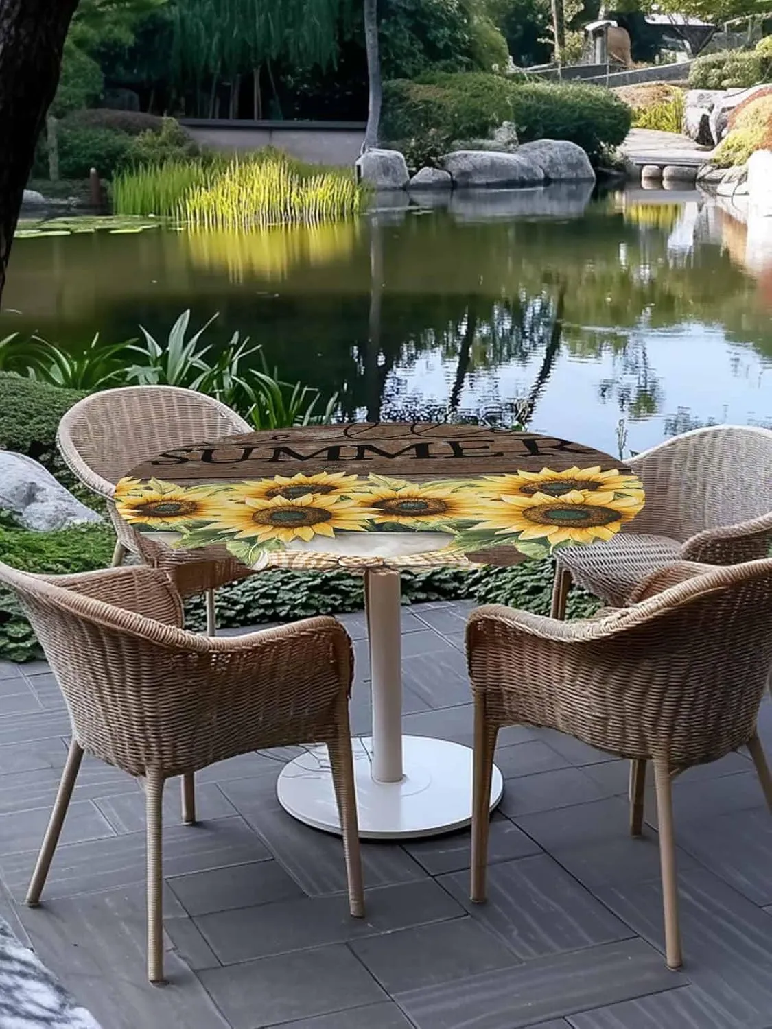 Round Fitted Tablecloth Farm Sunflowers on Brown Wood Grain Waterproof Table Cover for Indoor Outdoor Holiday Party Hello Summer Elastic Edged Tablecloths Fit Up 45"-54" Tables