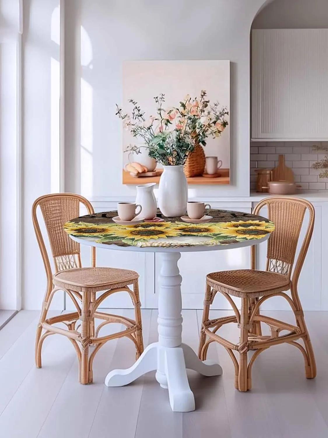 Round Fitted Tablecloth Farm Sunflowers on Brown Wood Grain Waterproof Table Cover for Indoor Outdoor Holiday Party Hello Summer Elastic Edged Tablecloths Fit Up 45"-54" Tables