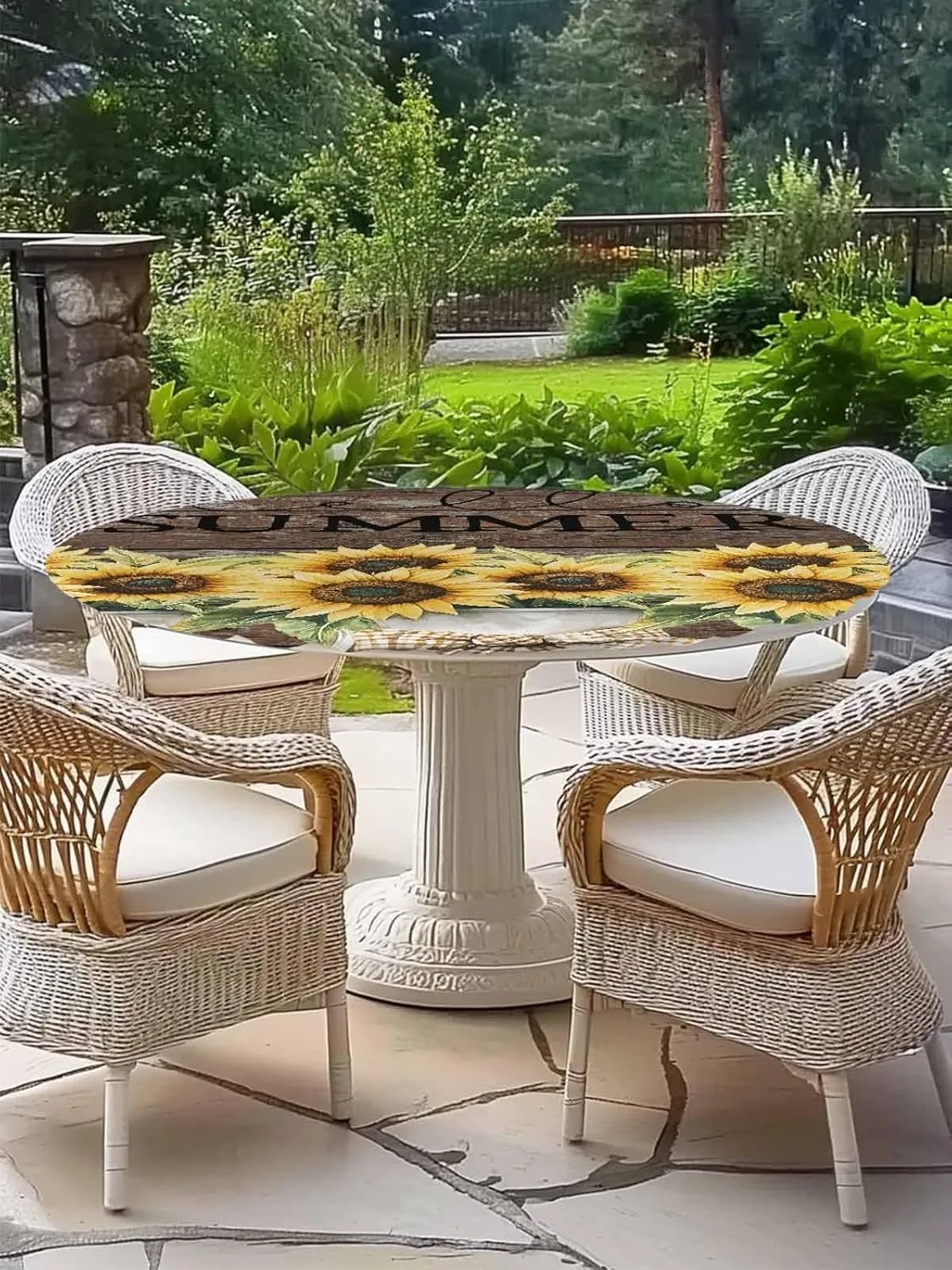 Round Fitted Tablecloth Farm Sunflowers on Brown Wood Grain Waterproof Table Cover for Indoor Outdoor Holiday Party Hello Summer Elastic Edged Tablecloths Fit Up 45"-54" Tables