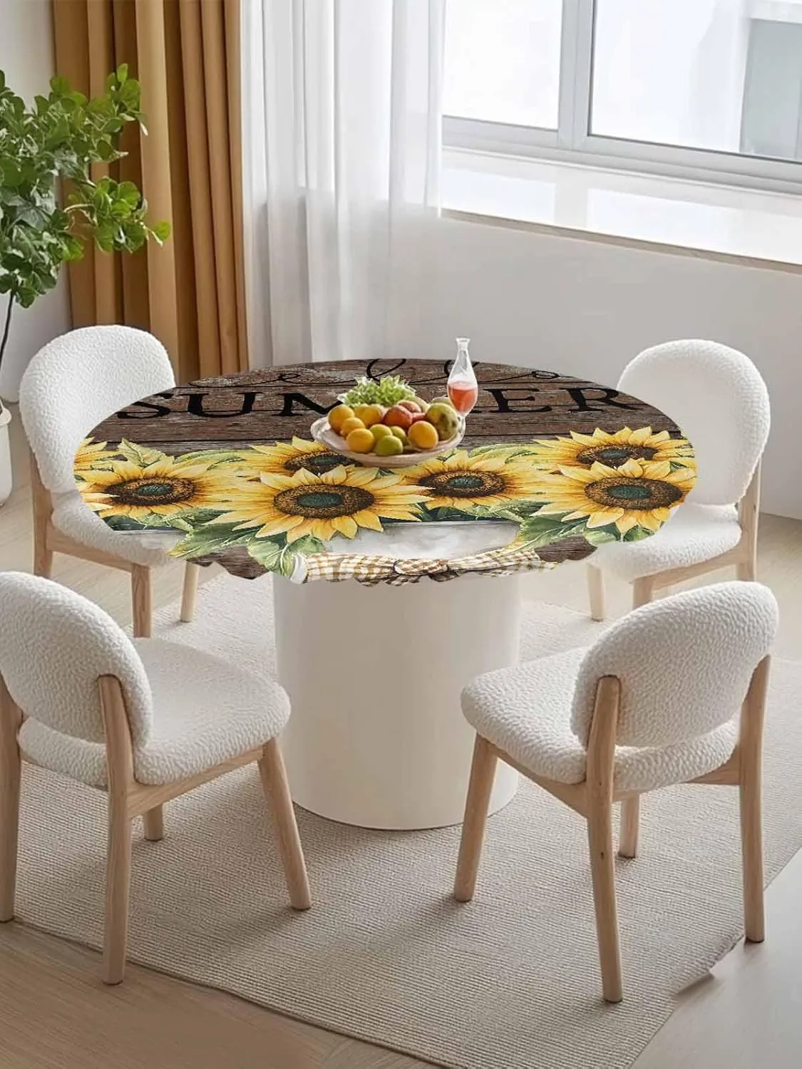 Round Fitted Tablecloth Farm Sunflowers on Brown Wood Grain Waterproof Table Cover for Indoor Outdoor Holiday Party Hello Summer Elastic Edged Tablecloths Fit Up 45"-54" Tables