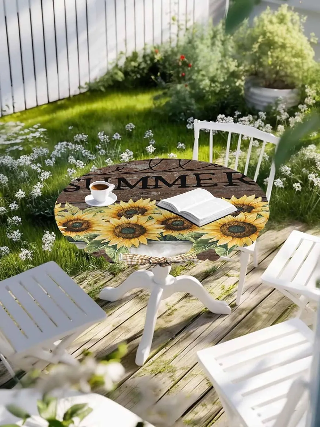 Round Fitted Tablecloth Farm Sunflowers on Brown Wood Grain Waterproof Table Cover for Indoor Outdoor Holiday Party Hello Summer Elastic Edged Tablecloths Fit Up 45"-54" Tables