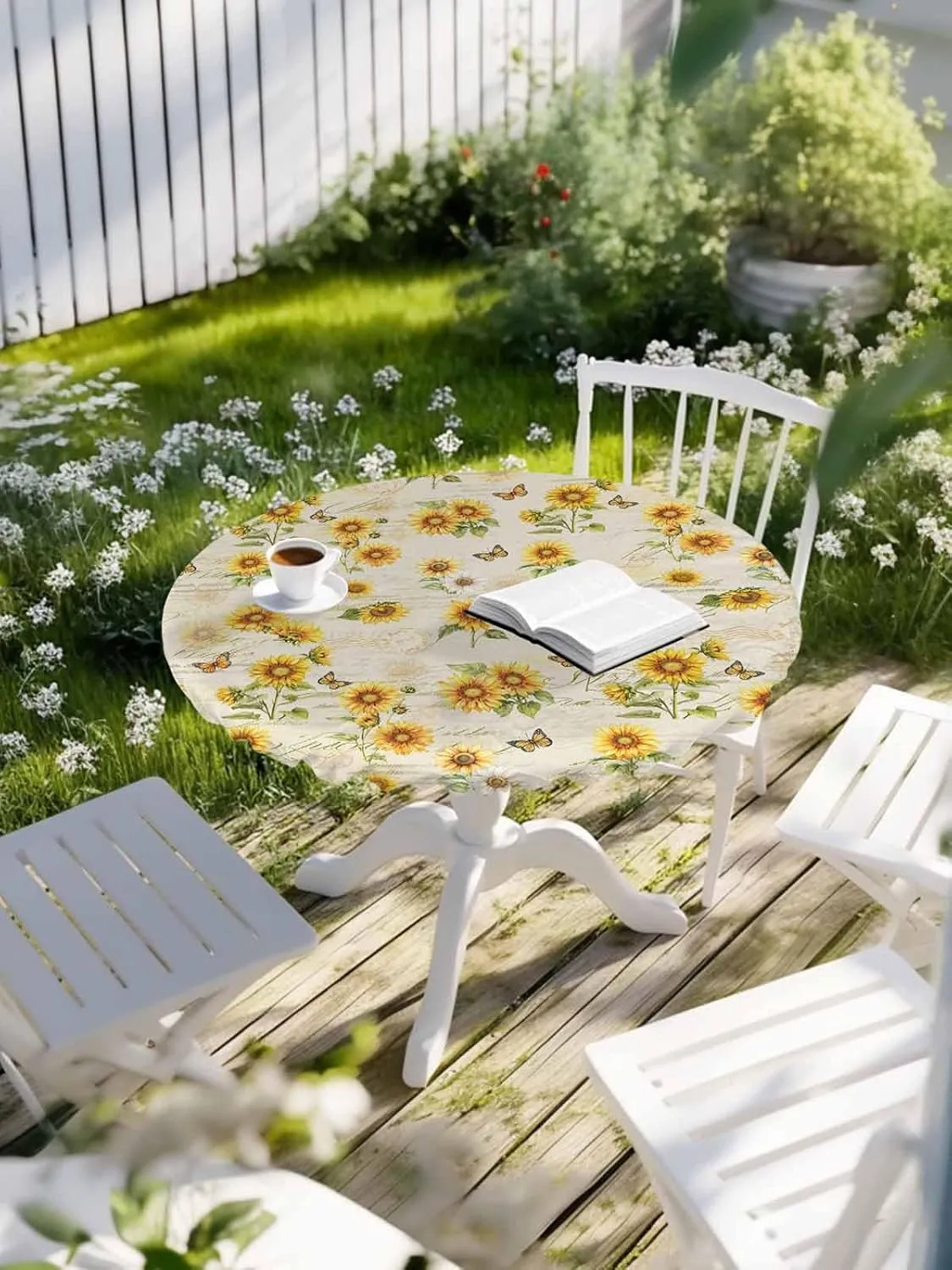 Round Fitted Tablecloth Farmhouse Sunflowers Butterflies on Letter Waterproof Table Cover for Indoor Outdoor Holiday Party Retro Floral Elastic Edged Tablecloths Fit Up 45"-54" Tables