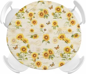 Round Fitted Tablecloth Farmhouse Sunflowers Butterflies on Letter Waterproof Table Cover for Indoor Outdoor Holiday Party Retro Floral Elastic Edged Tablecloths Fit Up 45"-54" Tables