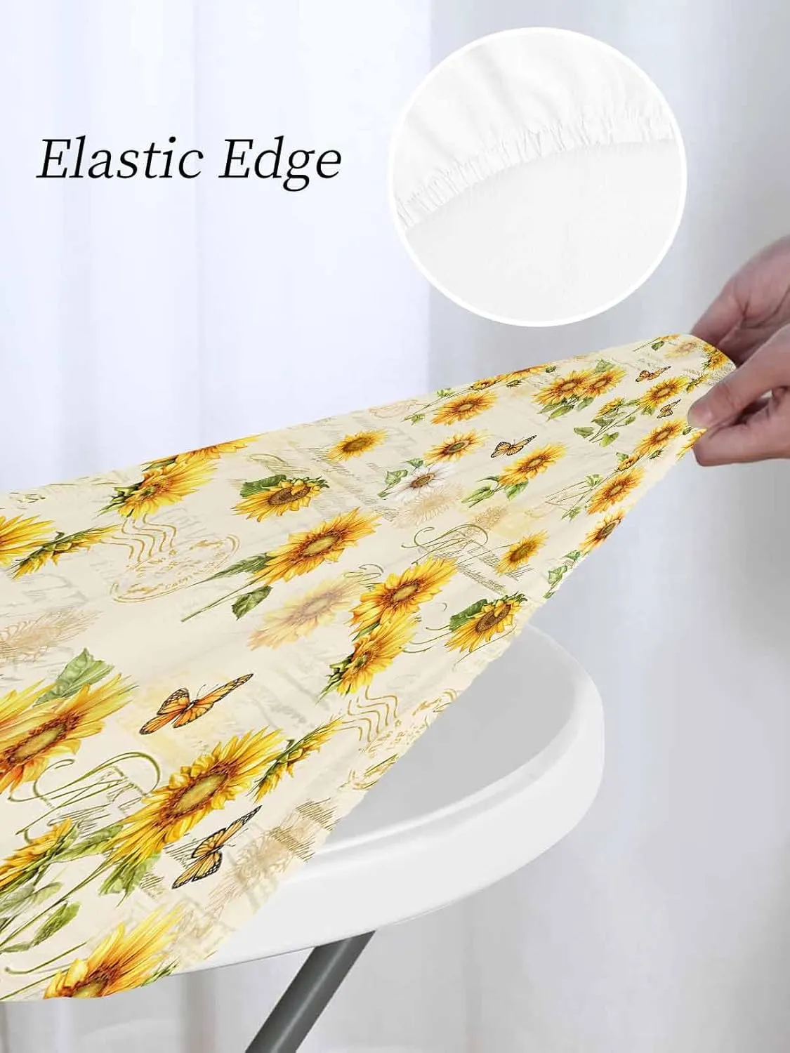 Round Fitted Tablecloth Farmhouse Sunflowers Butterflies on Letter Waterproof Table Cover for Indoor Outdoor Holiday Party Retro Floral Elastic Edged Tablecloths Fit Up 45"-54" Tables