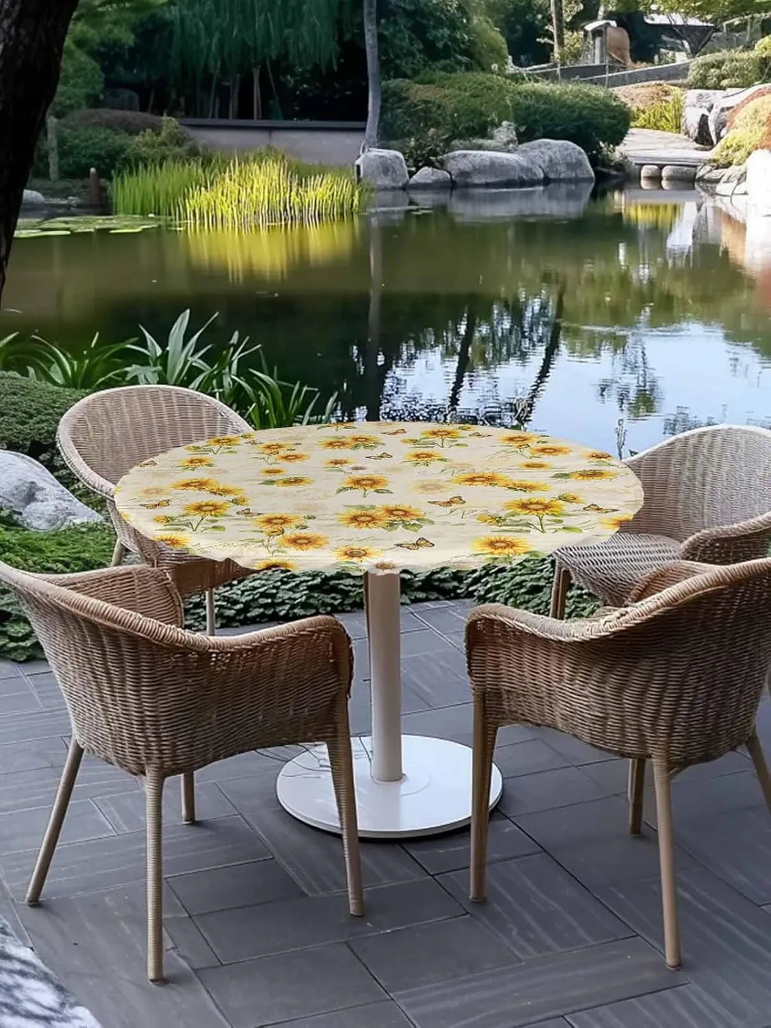 Round Fitted Tablecloth Farmhouse Sunflowers Butterflies on Letter Waterproof Table Cover for Indoor Outdoor Holiday Party Retro Floral Elastic Edged Tablecloths Fit Up 45"-54" Tables