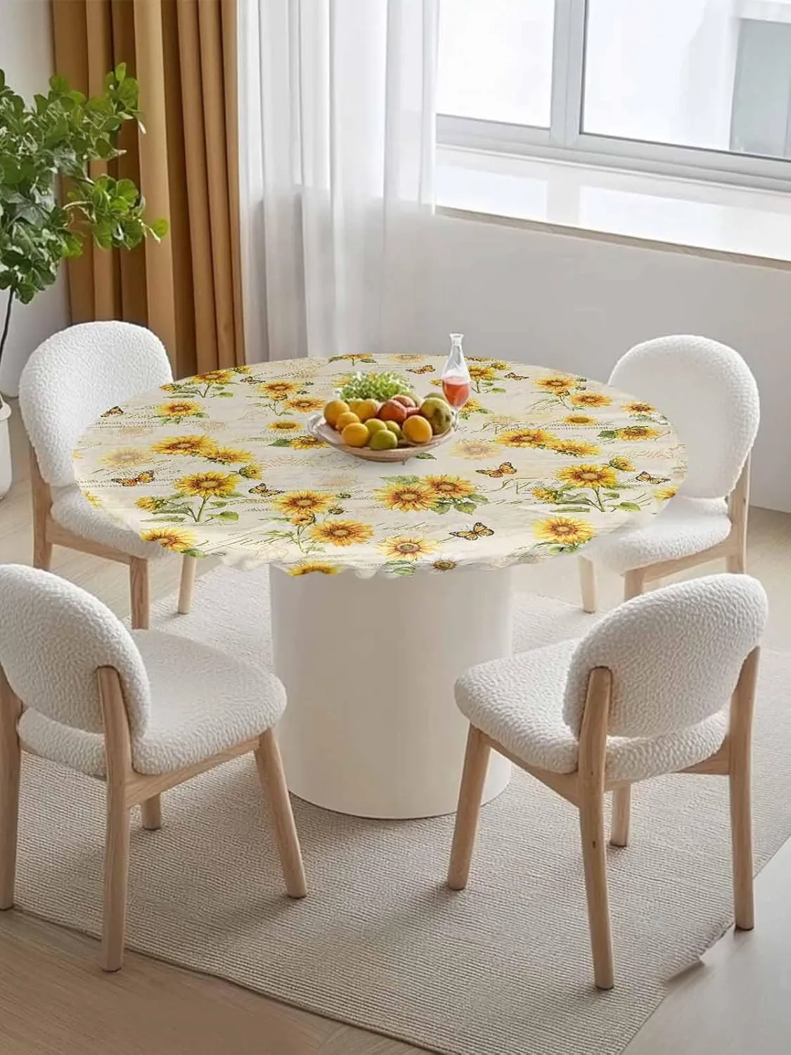 Round Fitted Tablecloth Farmhouse Sunflowers Butterflies on Letter Waterproof Table Cover for Indoor Outdoor Holiday Party Retro Floral Elastic Edged Tablecloths Fit Up 45"-54" Tables