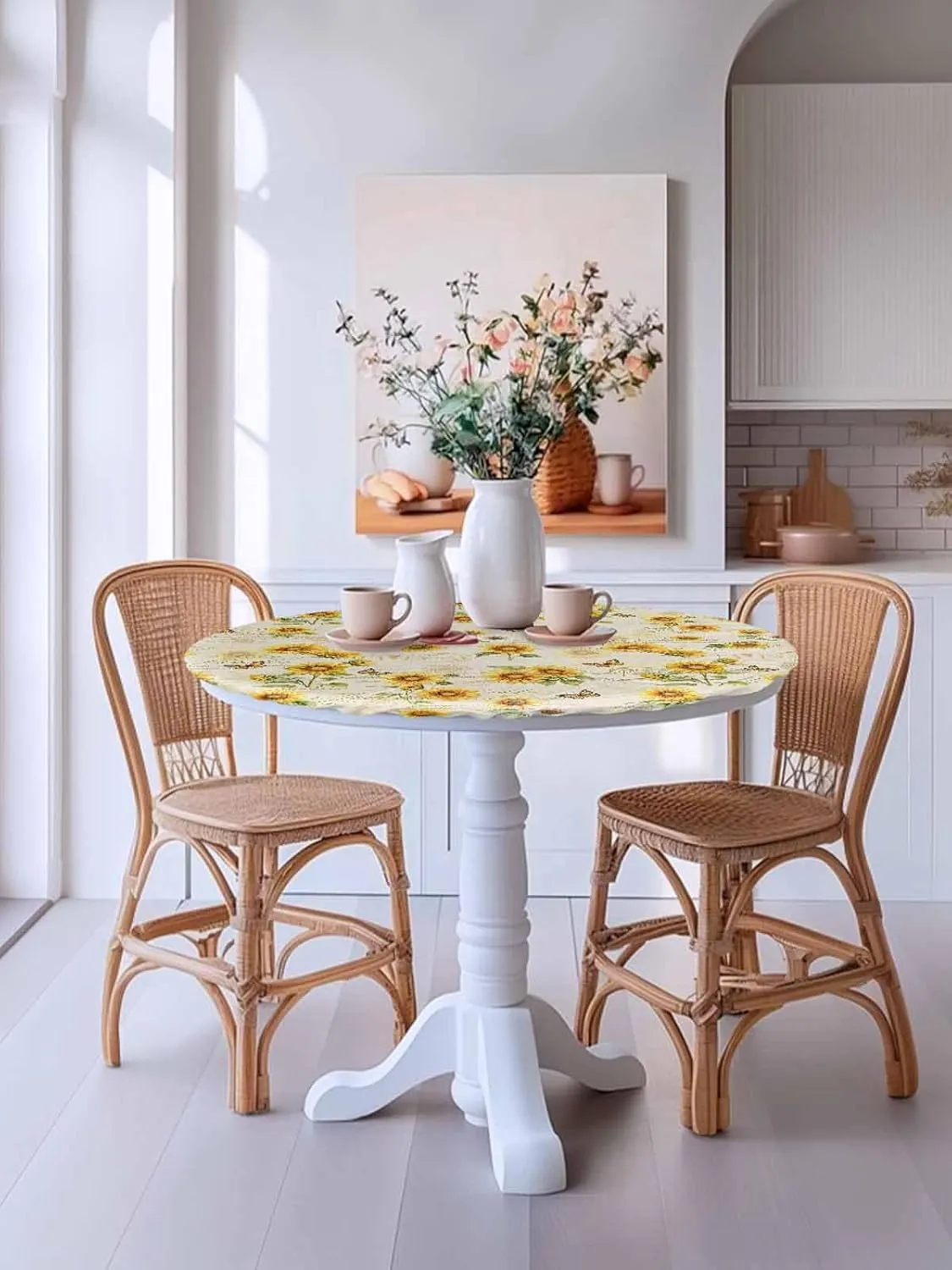 Round Fitted Tablecloth Farmhouse Sunflowers Butterflies on Letter Waterproof Table Cover for Indoor Outdoor Holiday Party Retro Floral Elastic Edged Tablecloths Fit Up 45"-54" Tables