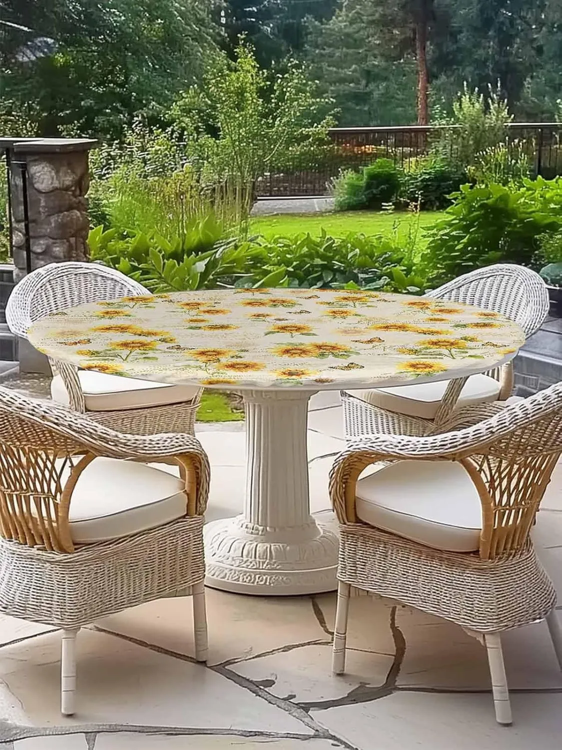 Round Fitted Tablecloth Farmhouse Sunflowers Butterflies on Letter Waterproof Table Cover for Indoor Outdoor Holiday Party Retro Floral Elastic Edged Tablecloths Fit Up 45"-54" Tables