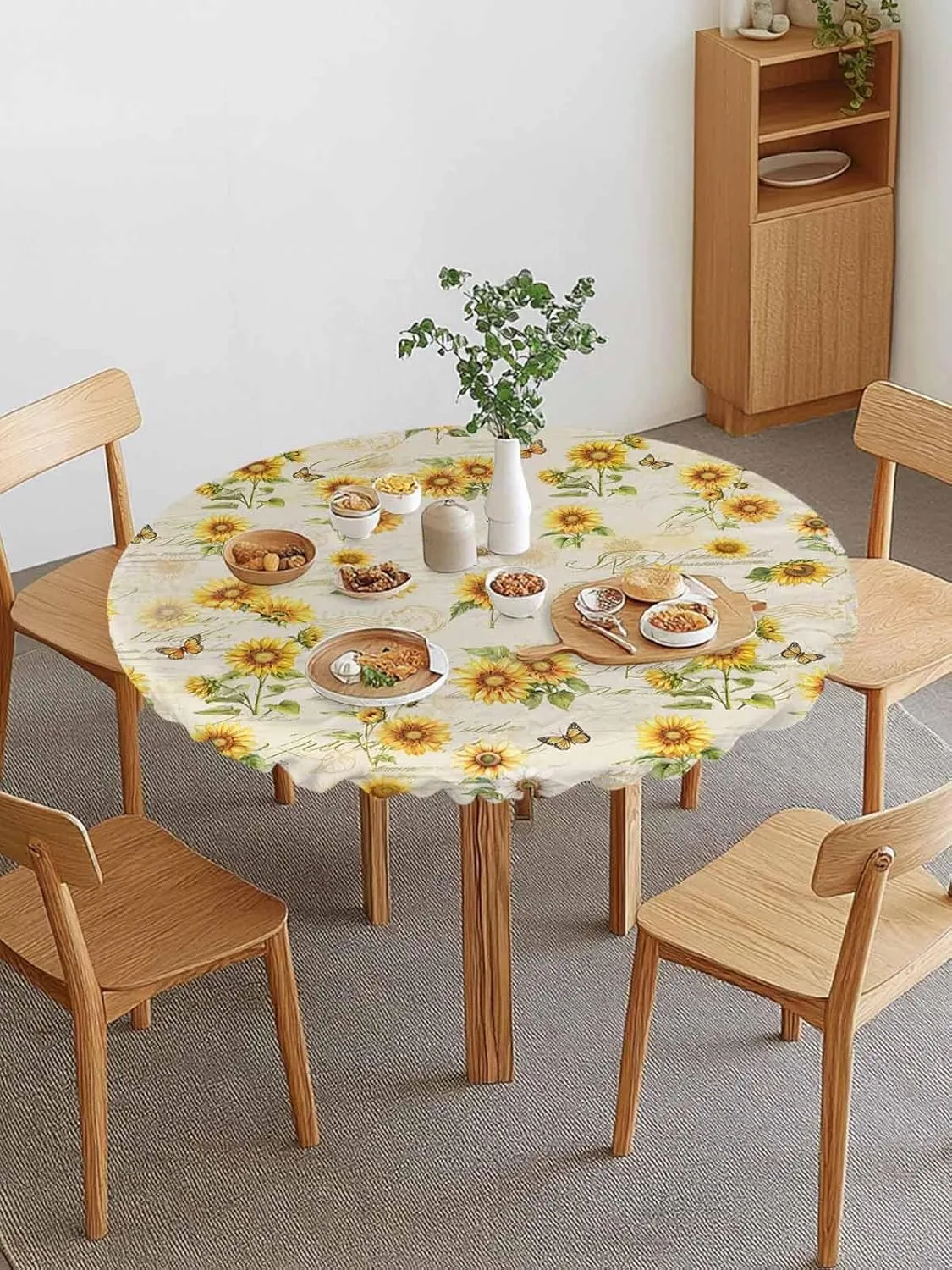Round Fitted Tablecloth Farmhouse Sunflowers Butterflies on Letter Waterproof Table Cover for Indoor Outdoor Holiday Party Retro Floral Elastic Edged Tablecloths Fit Up 45"-54" Tables