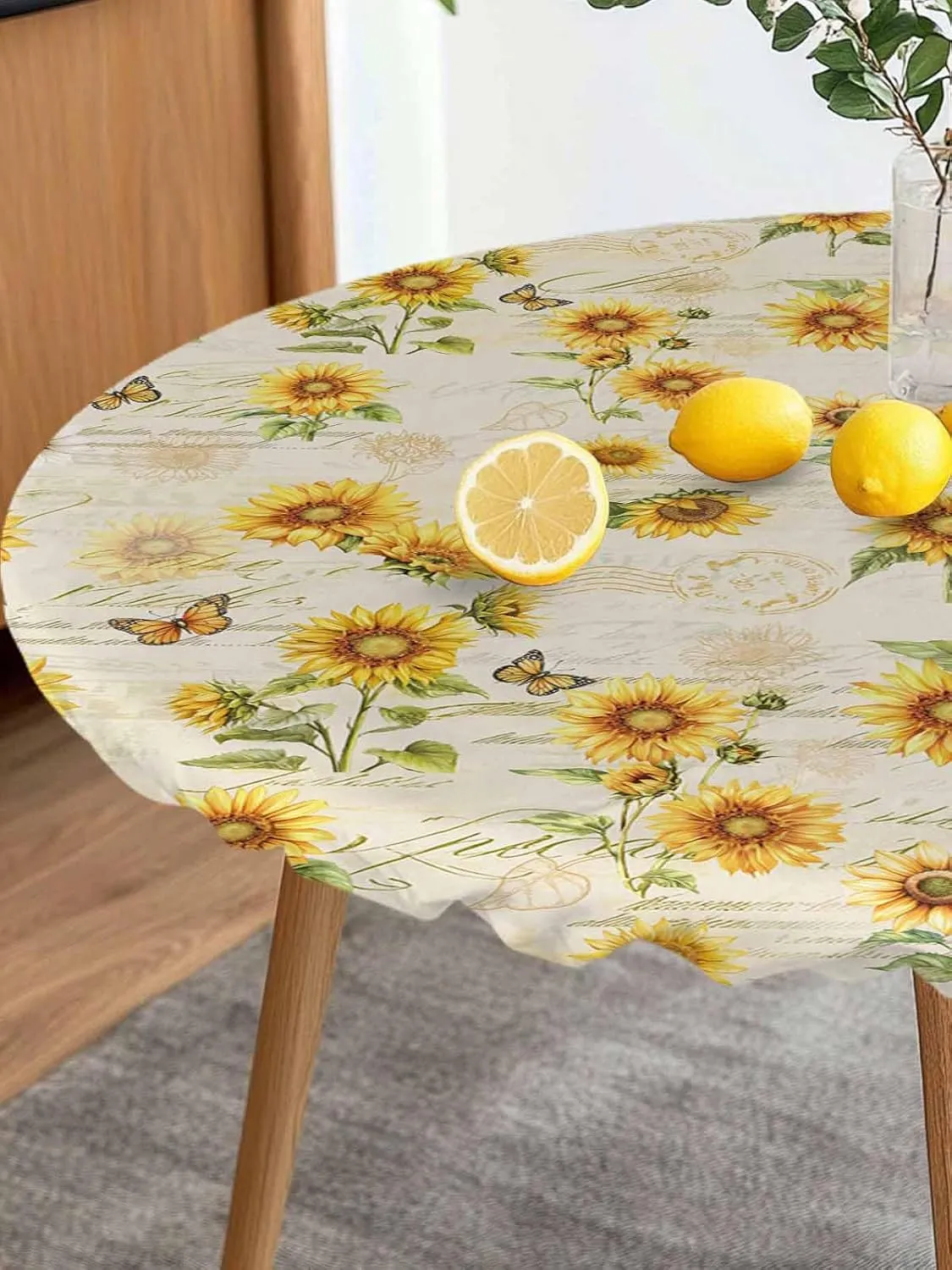 Round Fitted Tablecloth Farmhouse Sunflowers Butterflies on Letter Waterproof Table Cover for Indoor Outdoor Holiday Party Retro Floral Elastic Edged Tablecloths Fit Up 45"-54" Tables