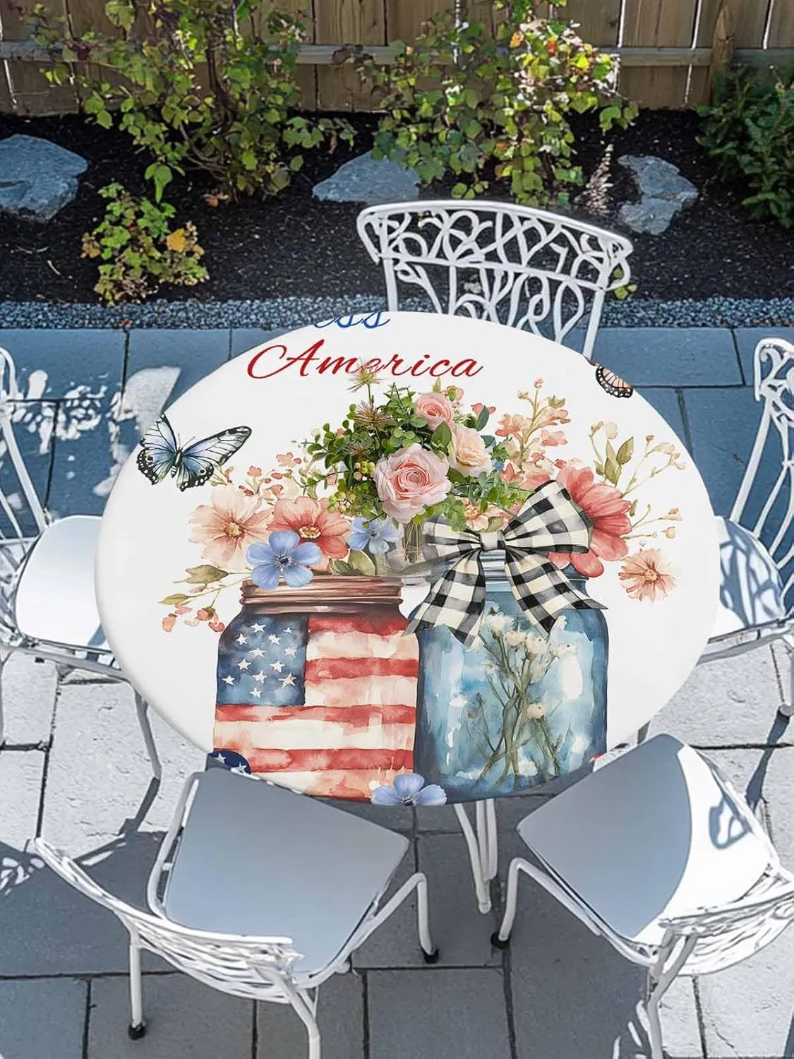 Round Fitted Tablecloth - God Bless America Patriotic Quotes Waterproof Table Cover for Indoor Outdoor Holiday Party, Flowers Independence Day Elastic Edged Tablecloths Fit Up 45"-54" Tables