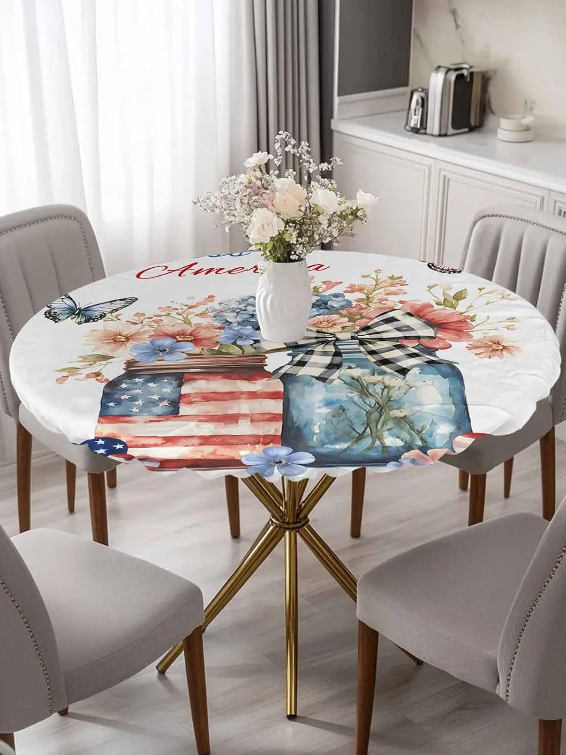 Round Fitted Tablecloth - God Bless America Patriotic Quotes Waterproof Table Cover for Indoor Outdoor Holiday Party, Flowers Independence Day Elastic Edged Tablecloths Fit Up 45"-54" Tables