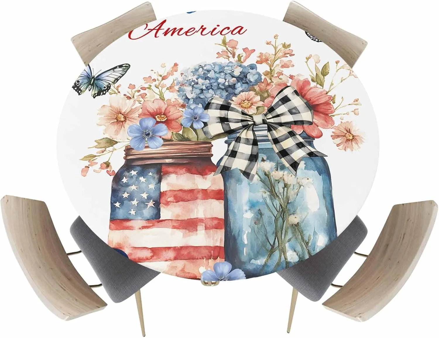 Round Fitted Tablecloth - God Bless America Patriotic Quotes Waterproof Table Cover for Indoor Outdoor Holiday Party, Flowers Independence Day Elastic Edged Tablecloths Fit Up 45"-54" Tables