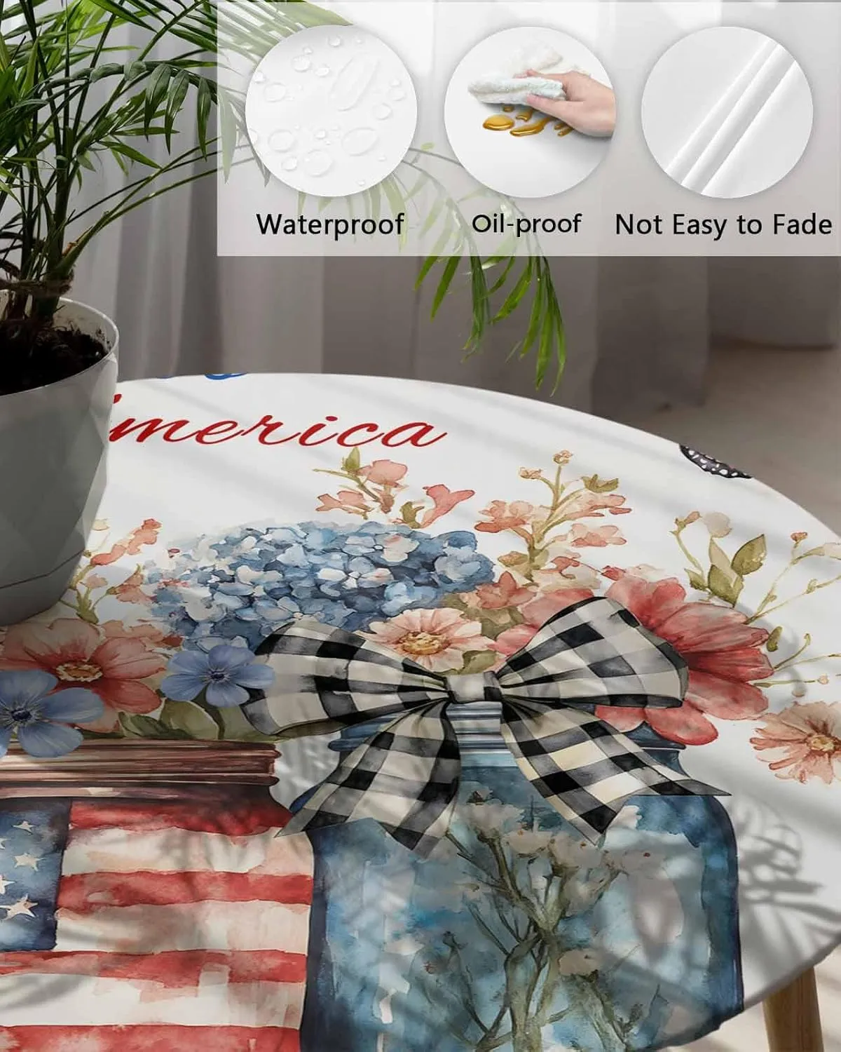 Round Fitted Tablecloth - God Bless America Patriotic Quotes Waterproof Table Cover for Indoor Outdoor Holiday Party, Flowers Independence Day Elastic Edged Tablecloths Fit Up 45"-54" Tables