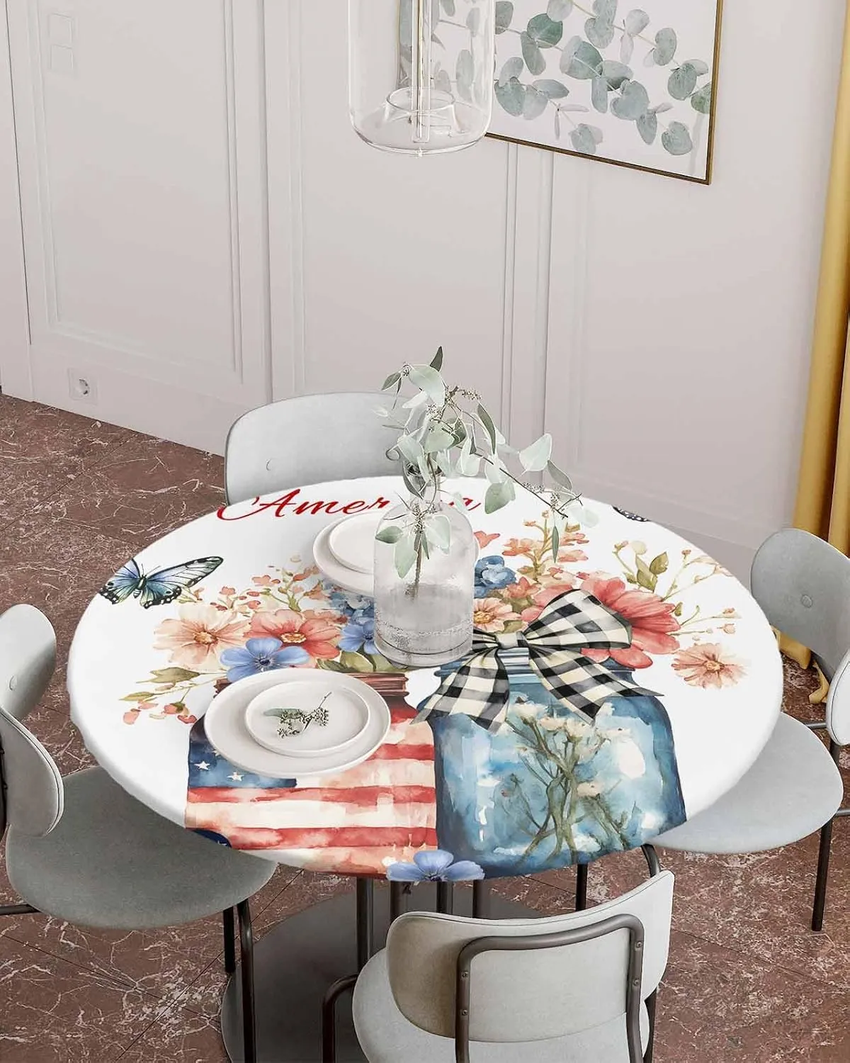 Round Fitted Tablecloth - God Bless America Patriotic Quotes Waterproof Table Cover for Indoor Outdoor Holiday Party, Flowers Independence Day Elastic Edged Tablecloths Fit Up 45"-54" Tables