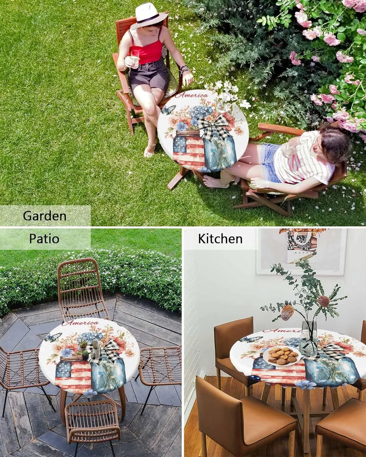 Round Fitted Tablecloth - God Bless America Patriotic Quotes Waterproof Table Cover for Indoor Outdoor Holiday Party, Flowers Independence Day Elastic Edged Tablecloths Fit Up 45"-54" Tables