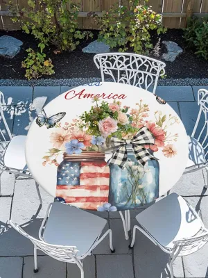 Round Fitted Tablecloth - God Bless America Patriotic Quotes Waterproof Table Cover for Indoor Outdoor Holiday Party, Flowers Independence Day Elastic Edged Tablecloths Fit Up 45"-54" Tables