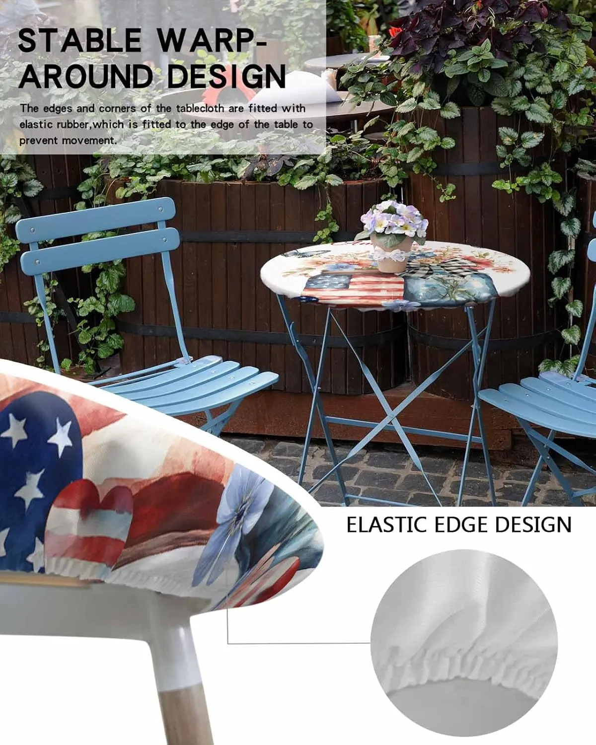 Round Fitted Tablecloth - God Bless America Patriotic Quotes Waterproof Table Cover for Indoor Outdoor Holiday Party, Flowers Independence Day Elastic Edged Tablecloths Fit Up 45"-54" Tables