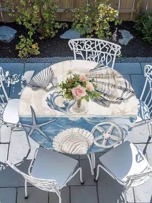 Round Fitted Tablecloth - Nautical Vintage Shells Starfish Waterproof Table Cover for Indoor Outdoor Holiday Party, Marine Life Coral Elastic Edged Tablecloths Fit Up 45"-54" Tables