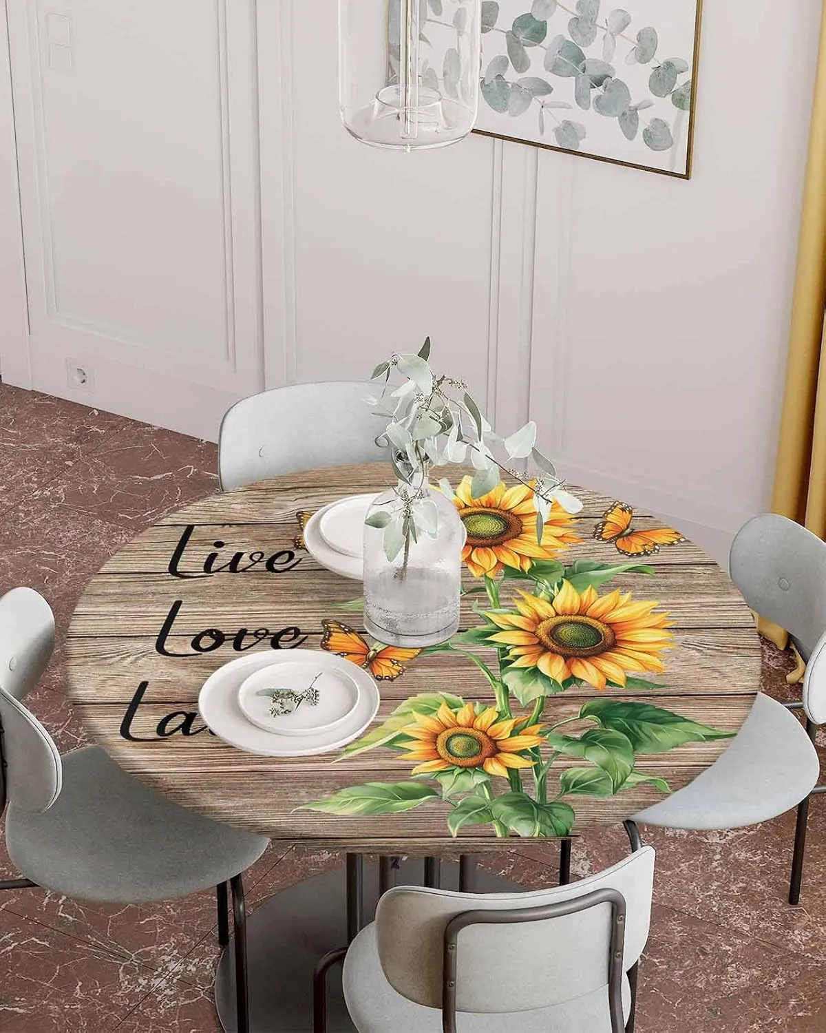Round Fitted Tablecloth - Retro Farmhouse Sunflower Waterproof Table Cover for Indoor Outdoor Holiday Party, Love Laugh Quote on Brown Wood Elastic Edged Tablecloths Fit Up 45"-54" Tables