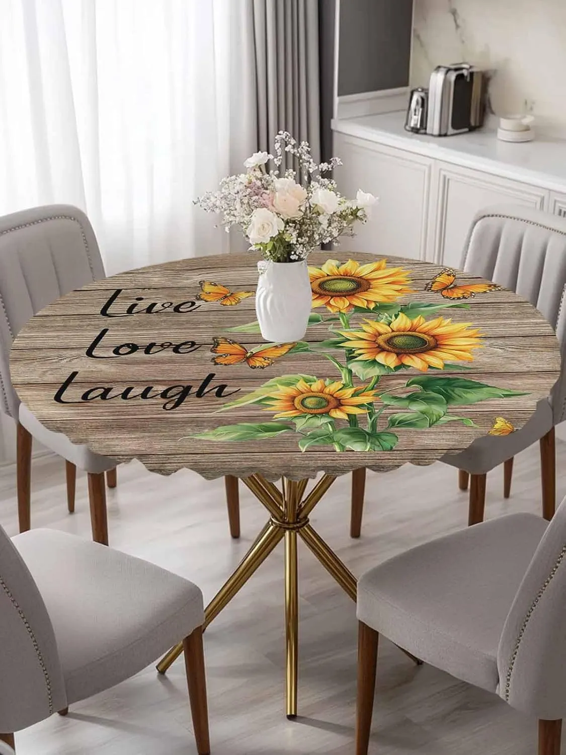 Round Fitted Tablecloth - Retro Farmhouse Sunflower Waterproof Table Cover for Indoor Outdoor Holiday Party, Love Laugh Quote on Brown Wood Elastic Edged Tablecloths Fit Up 45"-54" Tables