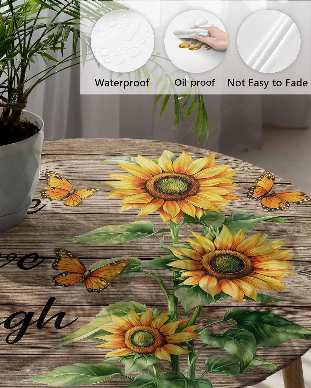 Round Fitted Tablecloth - Retro Farmhouse Sunflower Waterproof Table Cover for Indoor Outdoor Holiday Party, Love Laugh Quote on Brown Wood Elastic Edged Tablecloths Fit Up 45"-54" Tables