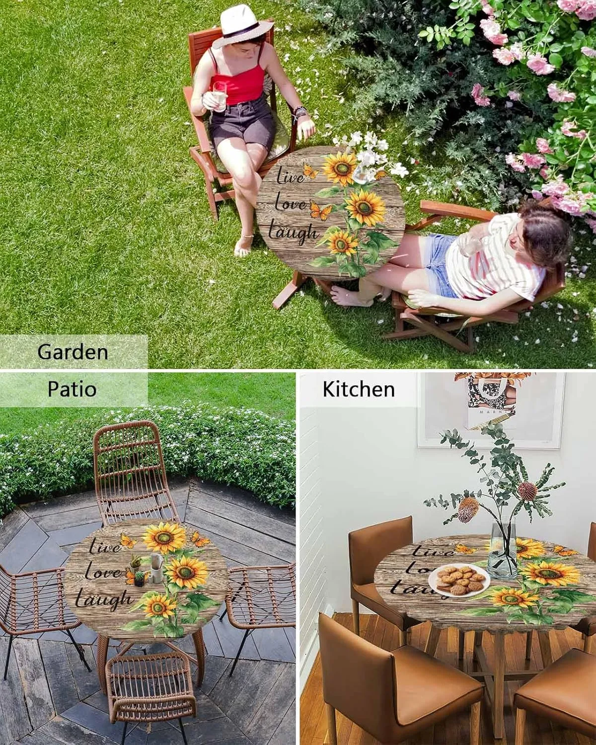 Round Fitted Tablecloth - Retro Farmhouse Sunflower Waterproof Table Cover for Indoor Outdoor Holiday Party, Love Laugh Quote on Brown Wood Elastic Edged Tablecloths Fit Up 45"-54" Tables