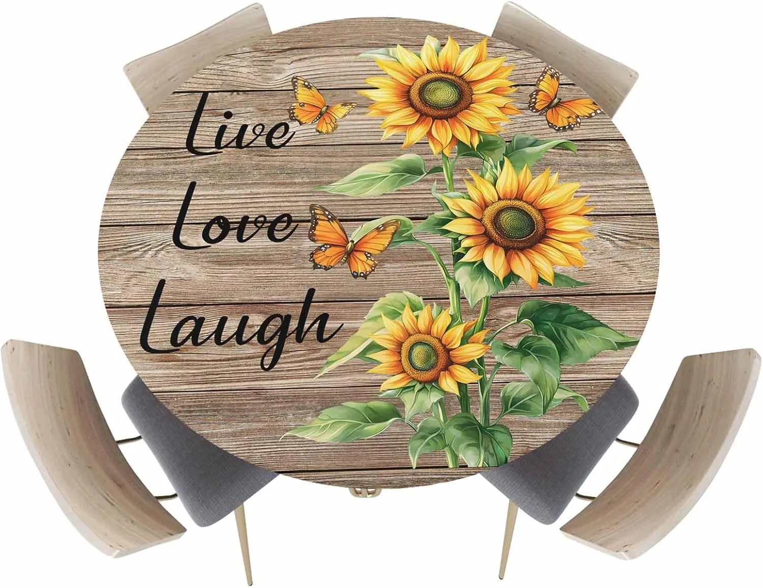 Round Fitted Tablecloth - Retro Farmhouse Sunflower Waterproof Table Cover for Indoor Outdoor Holiday Party, Love Laugh Quote on Brown Wood Elastic Edged Tablecloths Fit Up 45"-54" Tables