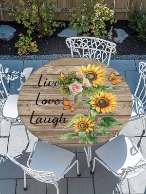 Round Fitted Tablecloth - Retro Farmhouse Sunflower Waterproof Table Cover for Indoor Outdoor Holiday Party, Love Laugh Quote on Brown Wood Elastic Edged Tablecloths Fit Up 45"-54" Tables