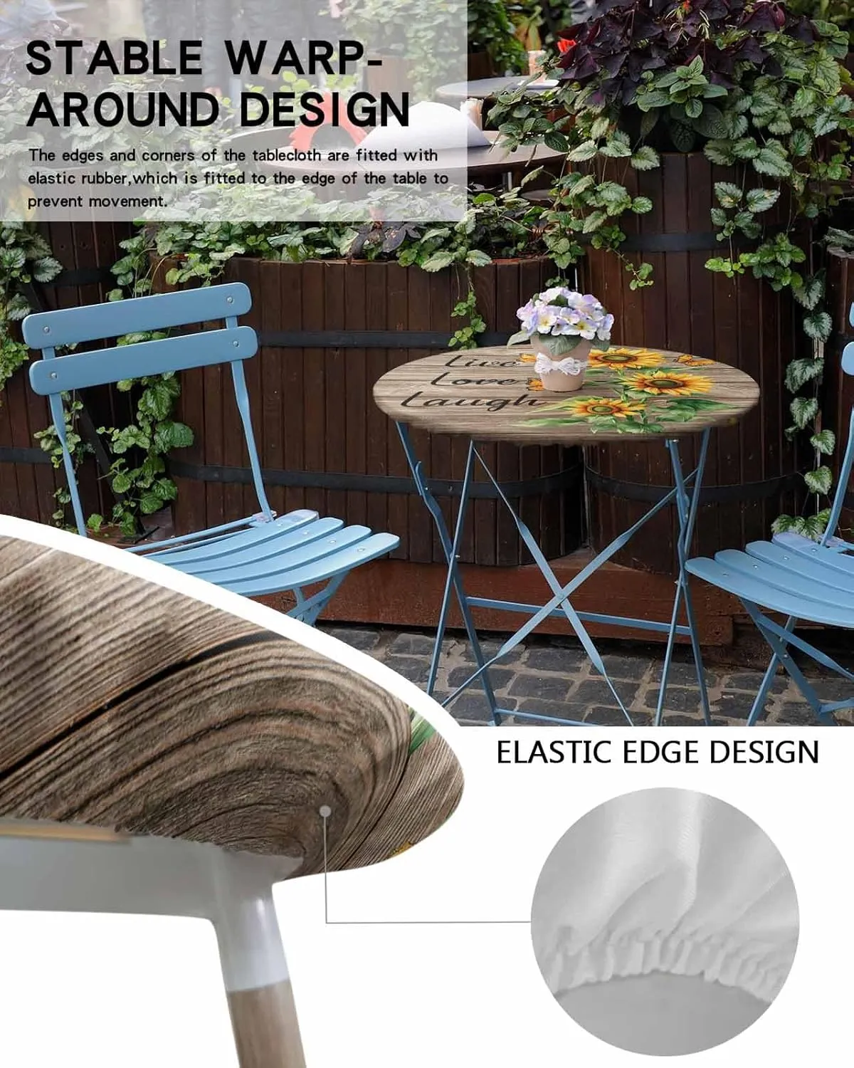 Round Fitted Tablecloth - Retro Farmhouse Sunflower Waterproof Table Cover for Indoor Outdoor Holiday Party, Love Laugh Quote on Brown Wood Elastic Edged Tablecloths Fit Up 45"-54" Tables