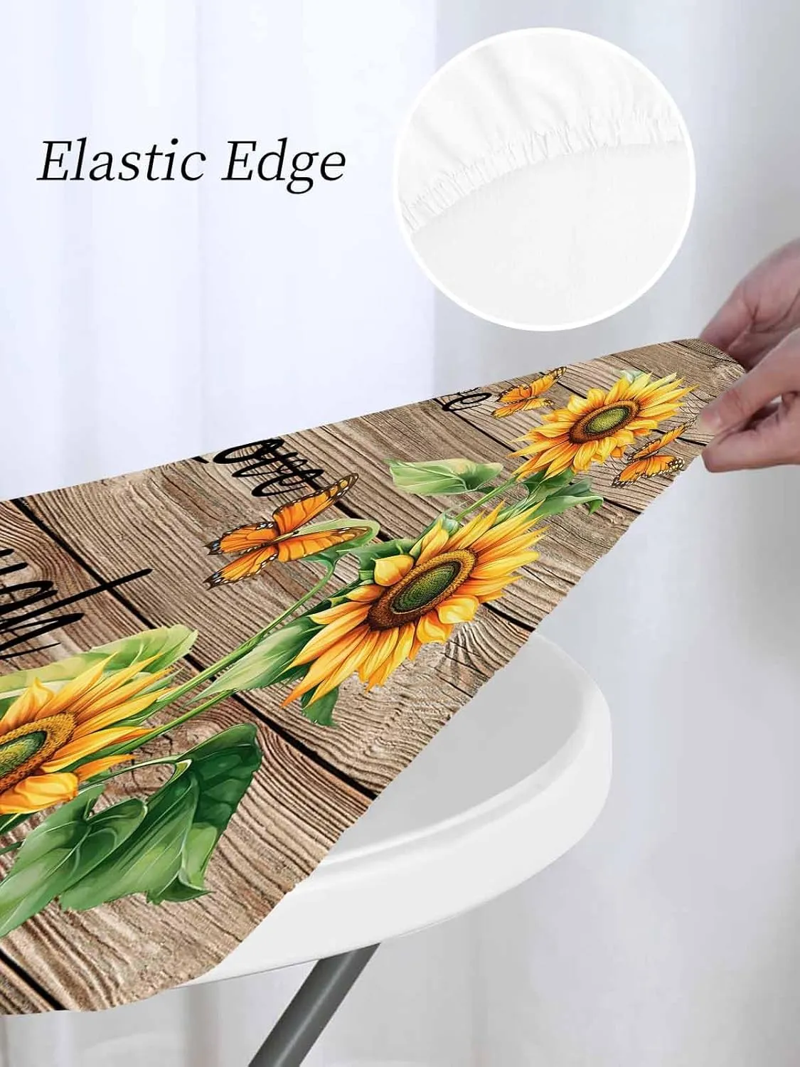 Round Fitted Tablecloth - Retro Farmhouse Sunflower Waterproof Table Cover for Indoor Outdoor Holiday Party, Love Laugh Quote on Brown Wood Elastic Edged Tablecloths Fit Up 45"-54" Tables