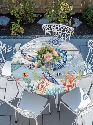 Round Fitted Tablecloth - Vintage Nautical Ocean Turtle Waterproof Table Cover for Indoor Outdoor Holiday Party, Marine Life Coral Wood Grain Elastic Edged Tablecloths Fit Up 45"-54" Tables