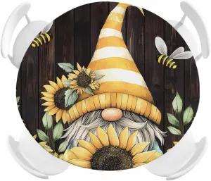 Round Fitted Tablecloth Vintage Sunflower Bee Gnome Waterproof Table Cover for Indoor Outdoor Holiday Party Dwarf on Farm Brown Wood Grain Elastic Edged Tablecloths Fit Up 45"-54" Tables