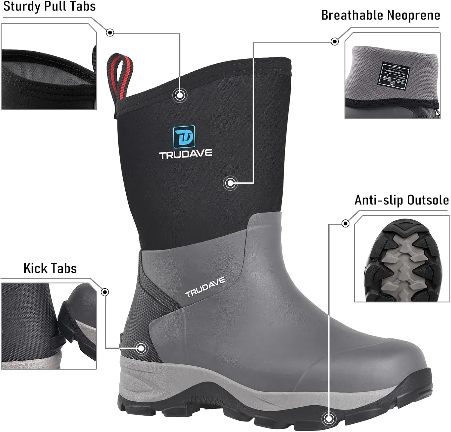 Rubber Rain Boots for Women, 4.5mm Neoprene Insulated Mud Work Boots, Anti-slip Breathable Mid-calf Womens Boots for Garden, Water Fishing, Size 6-11