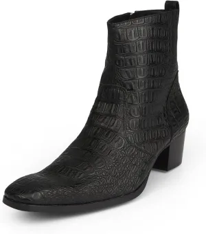 Rui Landed Ankle Boots for Men Outdoor Premium Genuine Leather Shoes Pull On Square Toe Imitation Crocodile/Snake Skin Inner Zipper High Heel