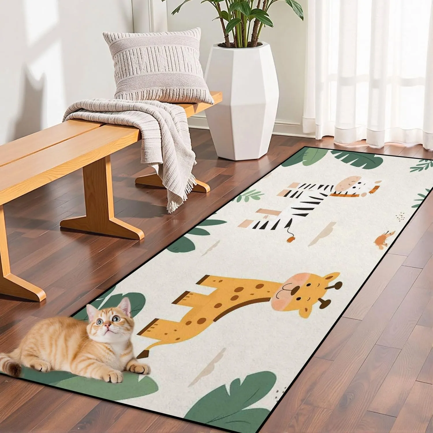 Runner Rug Washable 2x6 Seamless Cute African Animals Tiger Leon Giraffe Zebra Crocodile Flat Non-Slip Hallway Area Rug Indoor Outdoor Home Decor for Entryway Bathroom Kitchen Carpet Yoga Floor Mat