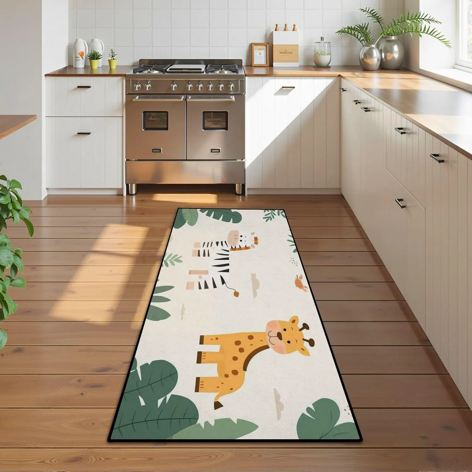 Runner Rug Washable 2x6 Seamless Cute African Animals Tiger Leon Giraffe Zebra Crocodile Flat Non-Slip Hallway Area Rug Indoor Outdoor Home Decor for Entryway Bathroom Kitchen Carpet Yoga Floor Mat